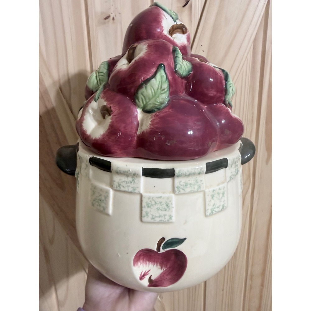 Vintage Apple Ceramic Cookie Jar Farmhouse Kitchen Canister Red Cream 12.5"